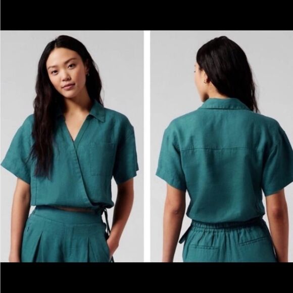 Athleta Medium‎ Borealis Green Playa Linen Tie Top - Picture 1 of 9
